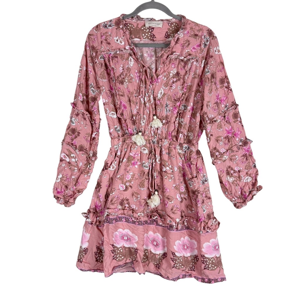 Saints & Hearts Dress Womens Small Pink Floral Boho Ruffle Tassel Mini